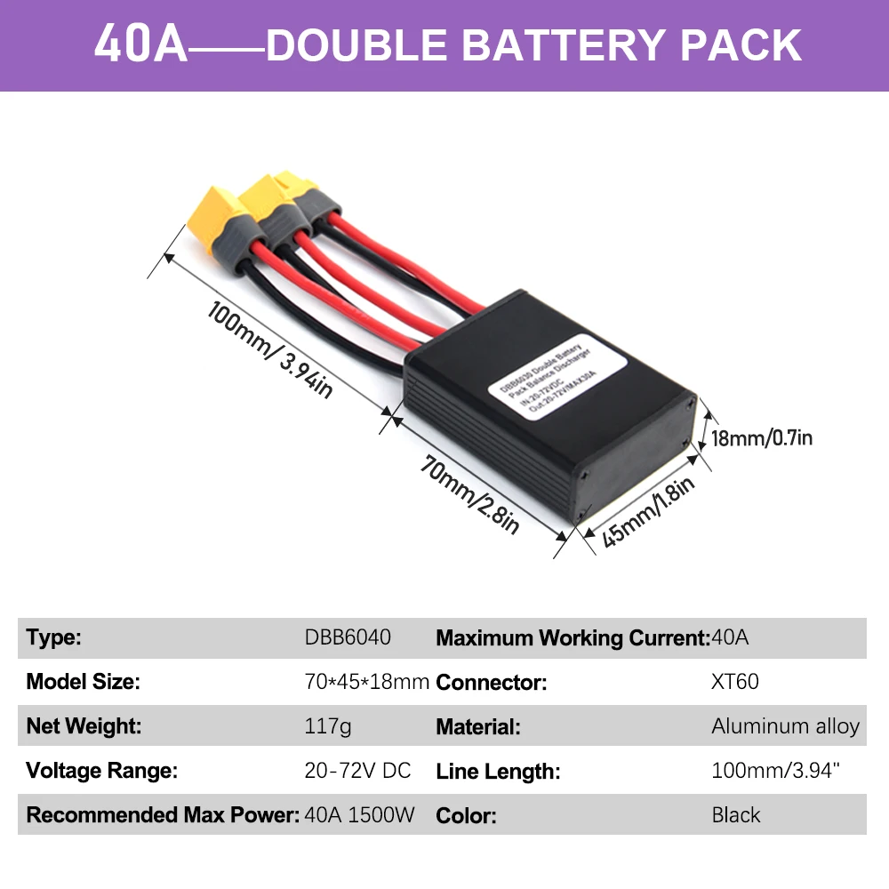 Modulo parallelo a doppia batteria XT60 per bicicletta elettrica, connessione 20 A, 30 A, 40 A, 20 V-72 V CC