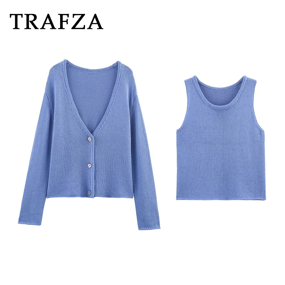 

TRAFZA Purple Casual Woman Y2K Knitwear Fashion 2025 Long Sleeve Elegant V-Neck Cardigans+Sexy Sheath O-Neck Vests Chic Sets