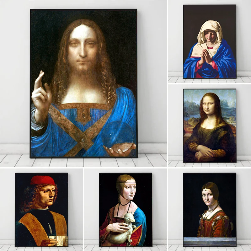 Famous Artwork Mona Lisa Salvator Mundi Mary Canvas Painting Poster Print Wall Art Picture for Living Room Home Decor Cuadros