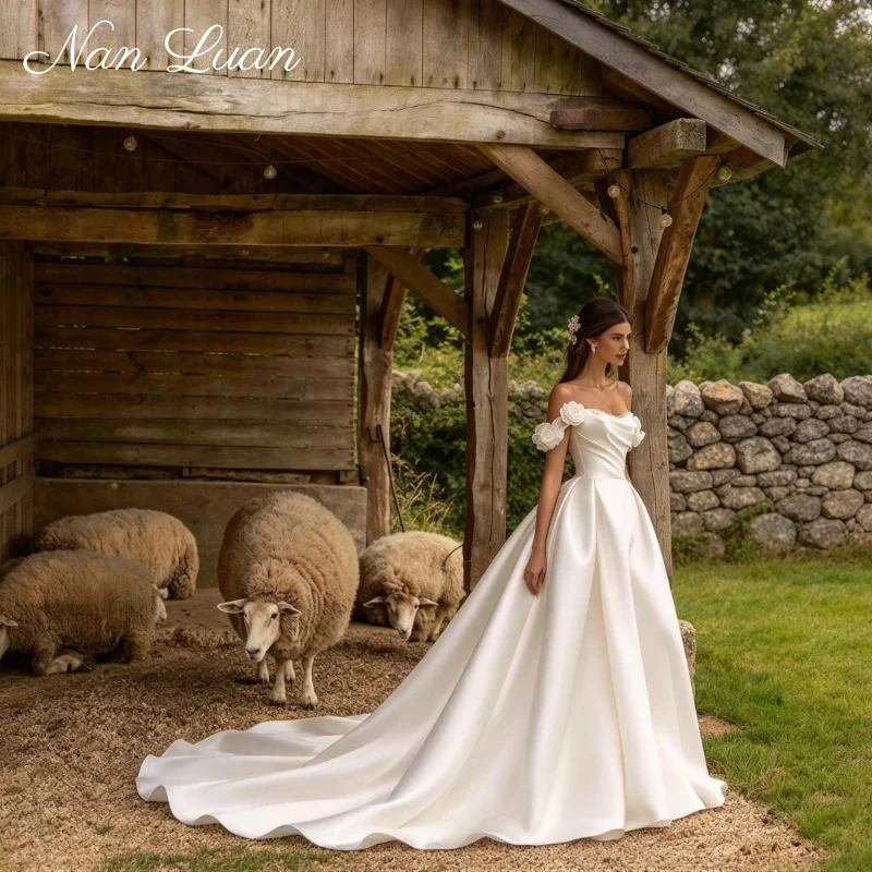 Romantic Bridal Dress Satin A-line Off Shoulder Removable Floral Sleeve Court Train Vestidos De Novia Customized