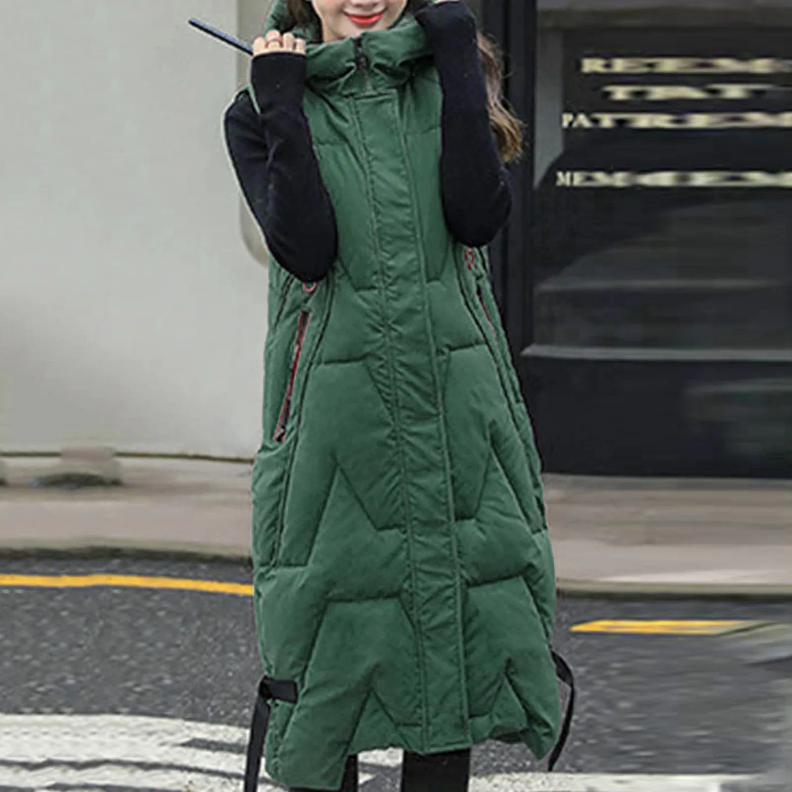 Women Sleeveless Vest Long Down Jacket Solid Korea Hooded Padded Vests Loose Females 2022 Lady Fashion Casual Zipper Winter Coat