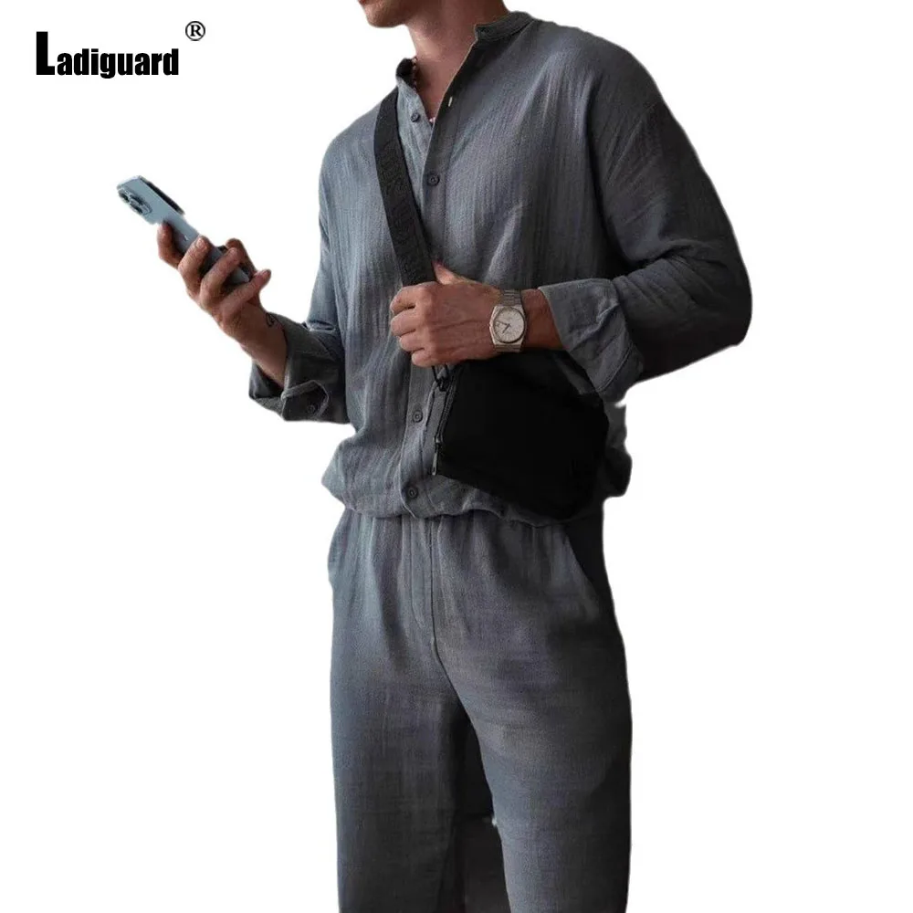 2025 Mens Casual Cotton Two Piece Sets Men Vintage Basic Tops and Beige White Pencil Pants Suit Male Beach Tracksuits Set New