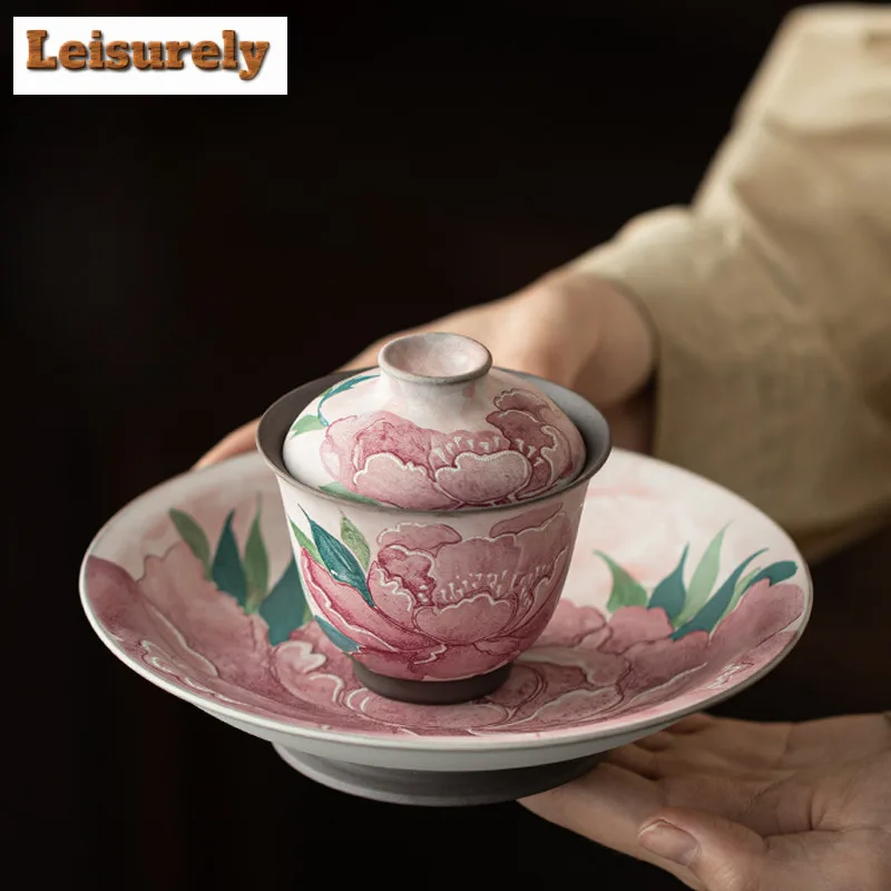 

120ml Old Rock Clay Light Makeup Peony Gaiwan Aesthetic Tea Tureen Tea Bowl With Lid Kit Tea Making Cover Bowl Teaware Ornaments