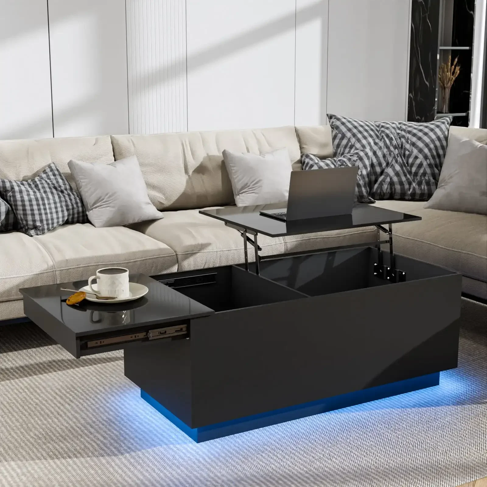 Mesa de centro LED con puertos y tomas USB, mesas de centro elevables con almacenamiento, mesa central alta y moderna para sala de estar y comedor