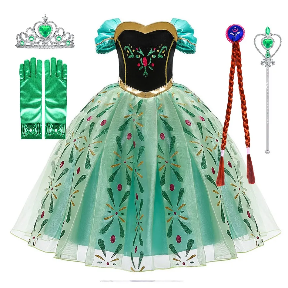 Kids Princess Costume Girls Carnival Sequins Anna Dress Children Pageant Flower Elsa Costume Dance White Green Birthday Outfit