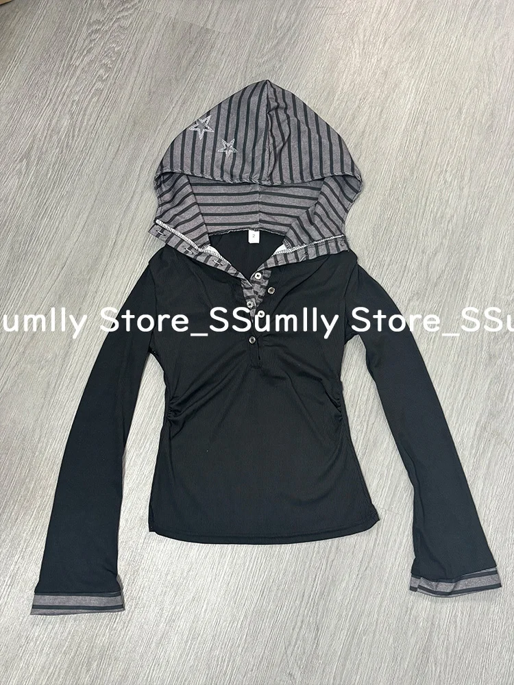 Spice Girl Fake Two Long Sleeved T-shirts Women American Style Y2k Striped Hooded Tops Goth Dark Fashion Long Sleeve Clothes New - Image 6
