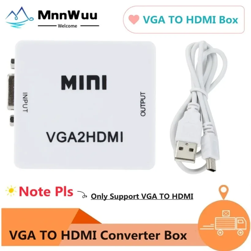 

MnnWuu Portable Mini VGA to HDMI-compatible Converter VGA2HDMI Video Box Audio Adapter 1080P For Notebook PC HDTV Projector TV