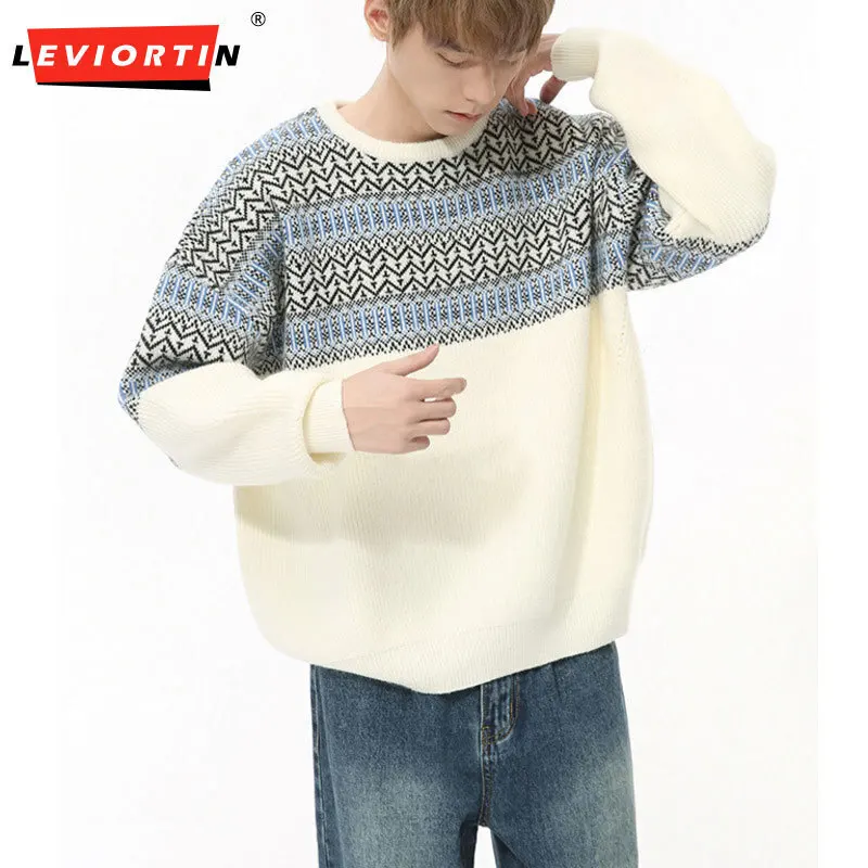 Men's 2024 Autumn Collection New Korean Color Contrast Splicing Retro Round Neck Gentle Temperament Knitted Loose Sweater Hoodie