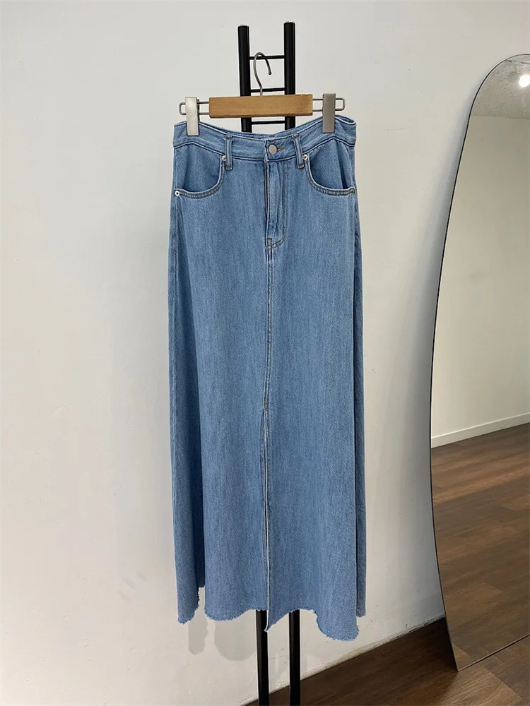 Koreaanse Chique Zomer Gewassen Blauwe Denim Rok Retro Stijl Hoge Taille Voorkant Slit Rok Met Rauwe Rand A-Lijn Lange Rokken Voor Vrouwen