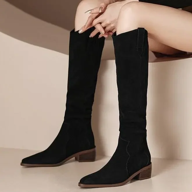 2023 New Brand Elegant Women Boot Autumn Winter Retro Slim Knee Length Boot Pleated ThickHeel Long Boot Western Knight Boot