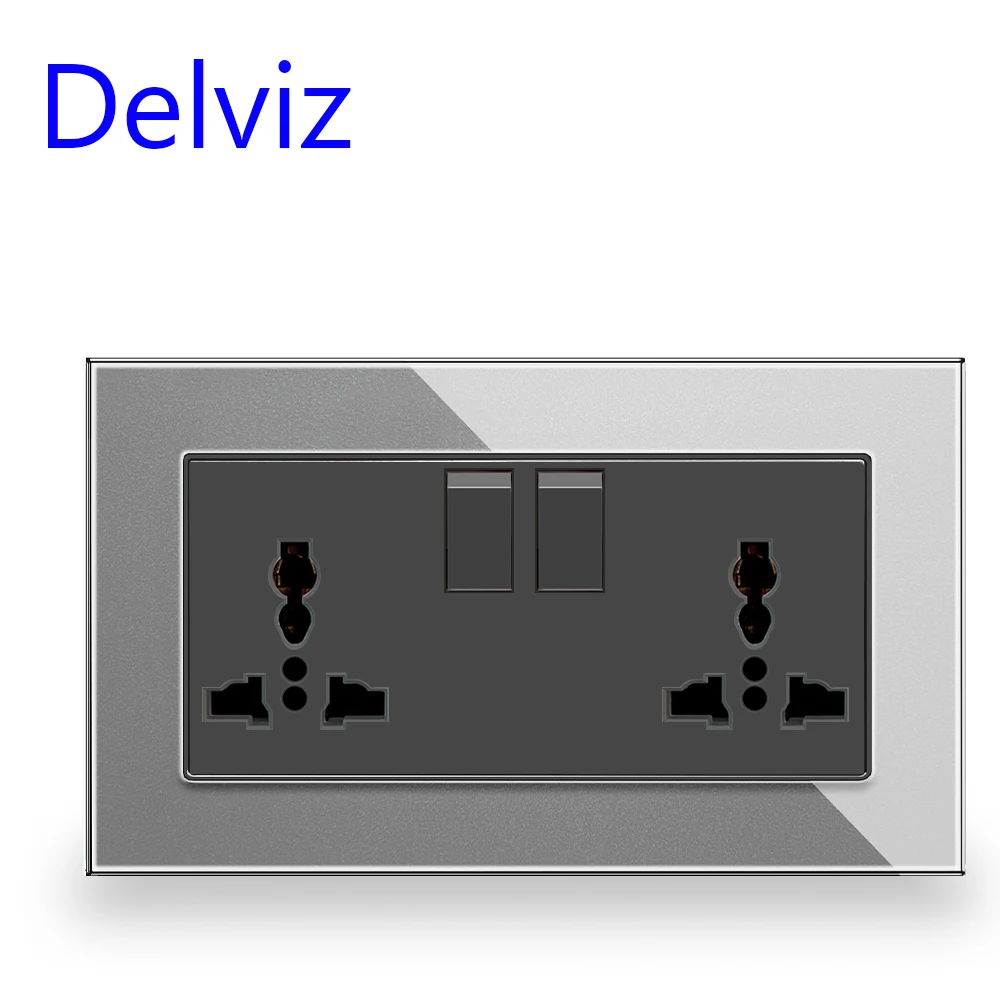 Delviz Wall Double Outlet, Tempered glass crystal Panel, Switch control UK Standard Power Outlet, Universal Electric plug Socket