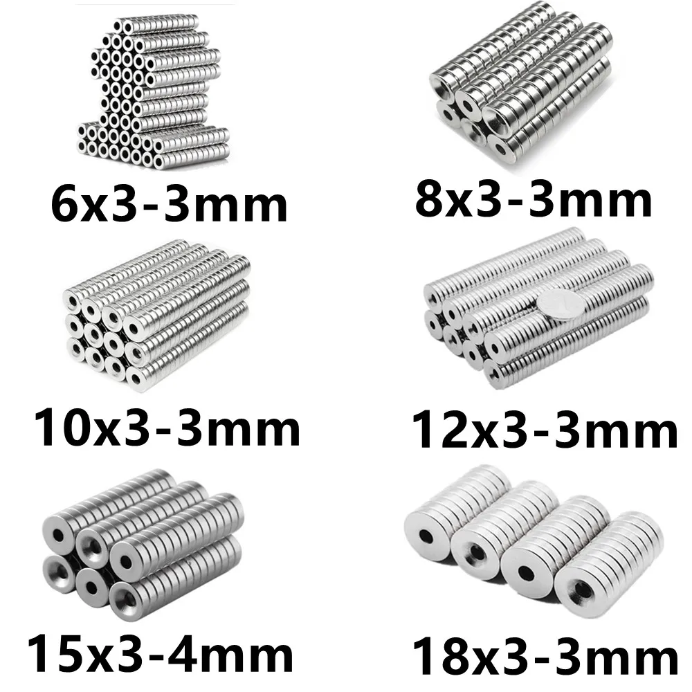 

10 ~ 200 шт. 6x3 8x3 10x3 12x3 18x3 отверстие 3 мм N35 NdFeB потайной Круглый Магнит сверхмощный сильный постоянный магнитный диск imane