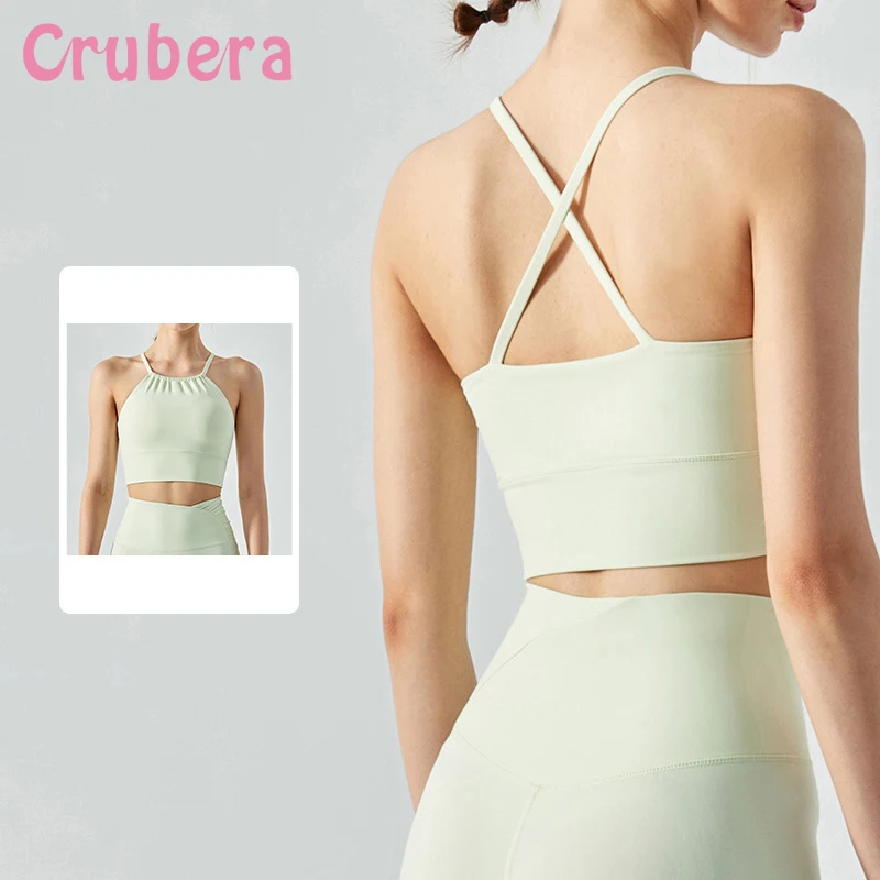 CRUBERA Women Summer Pleated Front Neck Hanging Sports Underwear Girl Cross Back Fitness Running Yoga Vest