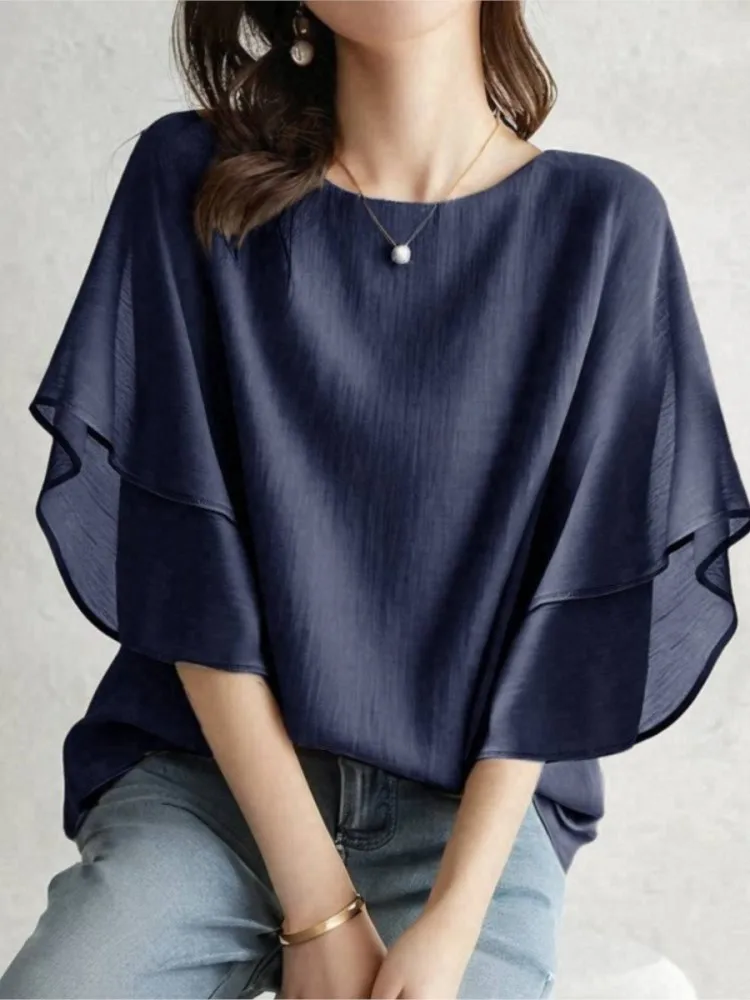 Lightweight Batwing Sleeve Blouse For Women Casual Loose Fit Round Neck Layered Design Summer Wear 2026