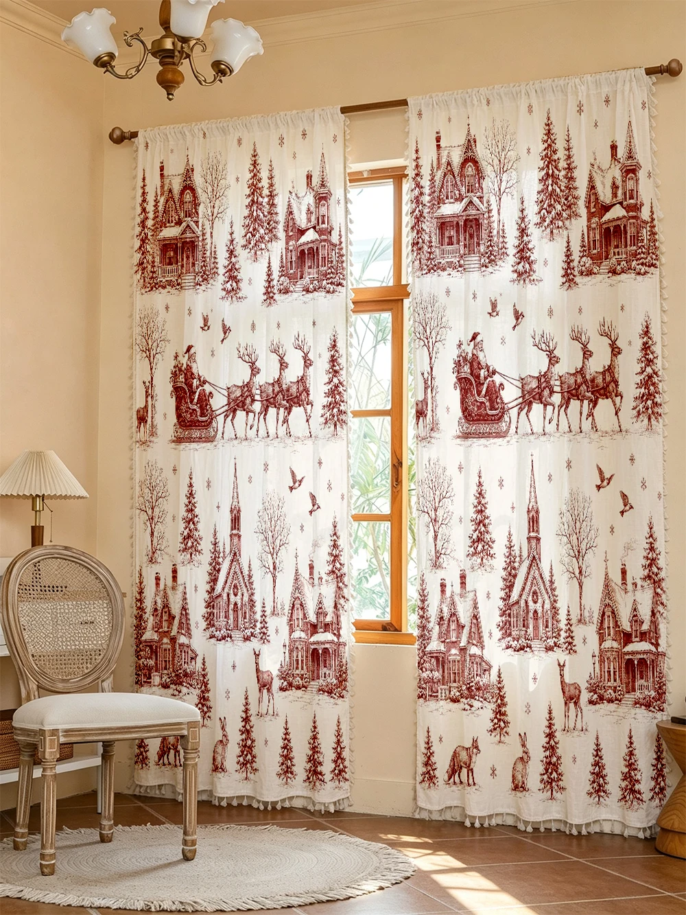 1PC Christmas Winter Tassel Sheer Curtains, Santa Sleigh, Digital Print, Linen Polyester, Bedroom Living Room Home Decor