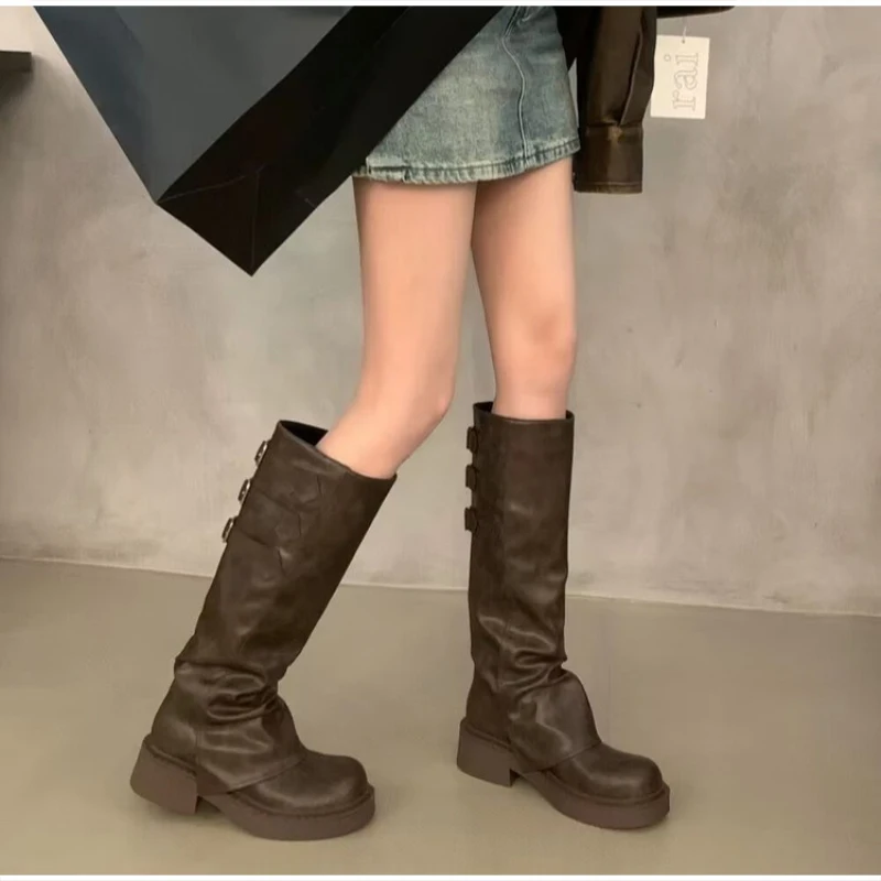 Stiefel mit klobiger Sohle und lockerem Schaft, Vintage-Kniehohe Stiefel mit gestapeltem Absatz für Damen, dicke Plattform, für Herbst und Winter – Detail 13