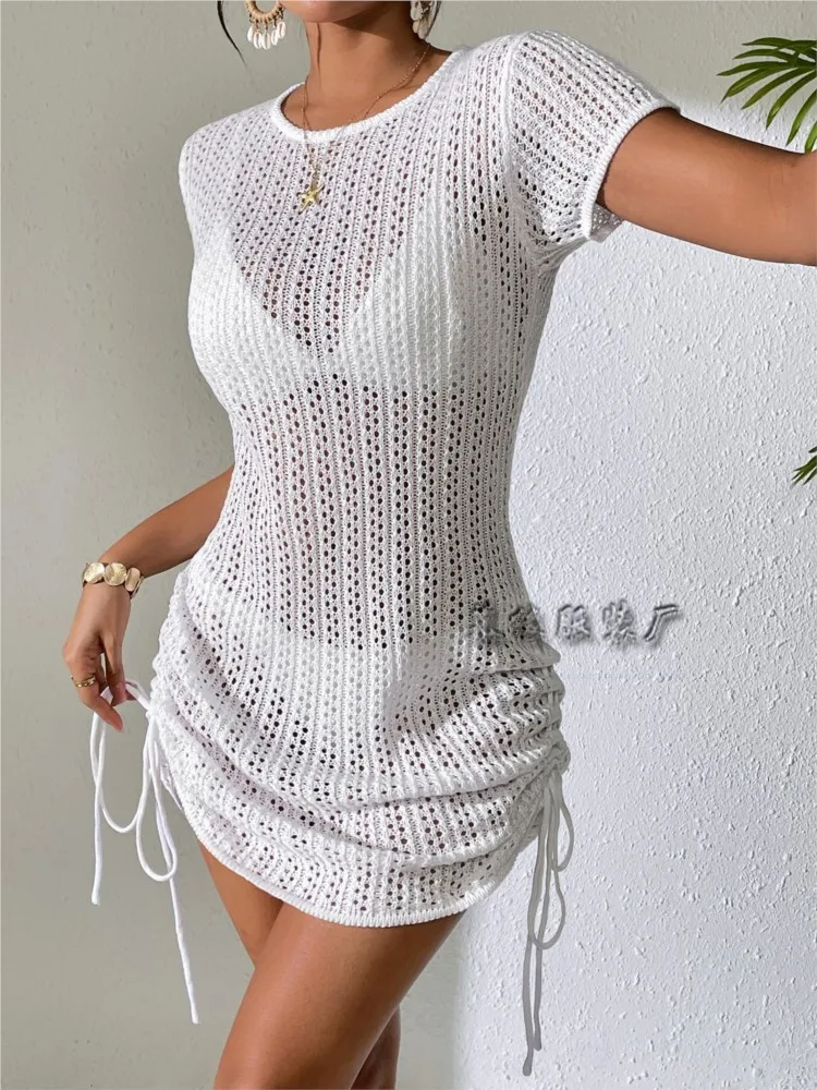 

Summer Sexy Seaside Solid Color Vestidos For Lady O Neck Slim Hollow Out Knit Drawstring Wrap Hip Backless Fashion Short Dresses