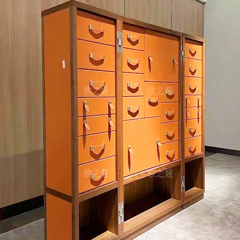 Light Luxury Orange Jewelry Cabinet, High-end Villa Saddle Leather Walnut Floor Jewelry Storage Cabinet