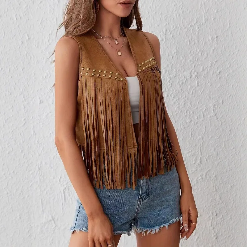 Chaleco de Gamuza con Borlas para Mujer, Estilo Hippie de los 70, Atuendo de Verano y Otoño, Chaleco sin Mangas con Frente Abierto, Chaqueta Estilo Western para Mujer, Ropa de Calle