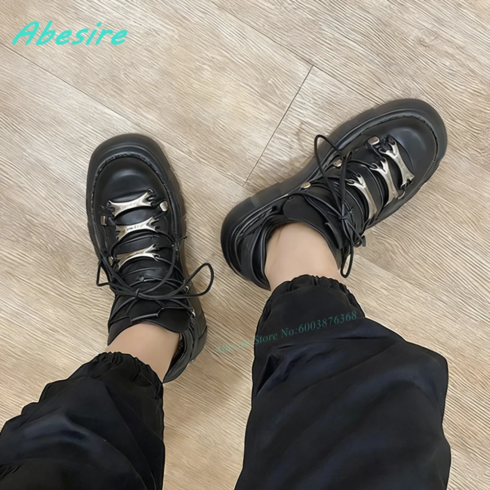 

Metal Decoration Lace Up Ankle Boots Round Toe Thick Sole Solid Patchwork Women's Boots Cool Style Winter Comfortable Shoes