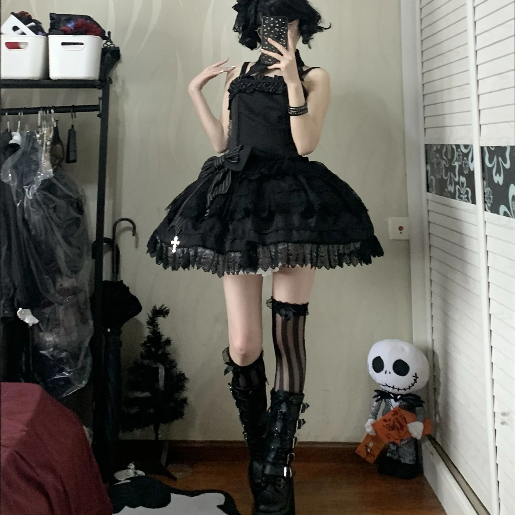Gothic Black Cross Dress - Emo Harajuku Style Summer Academy Dress Black  Emo Dress With Cross Tie
