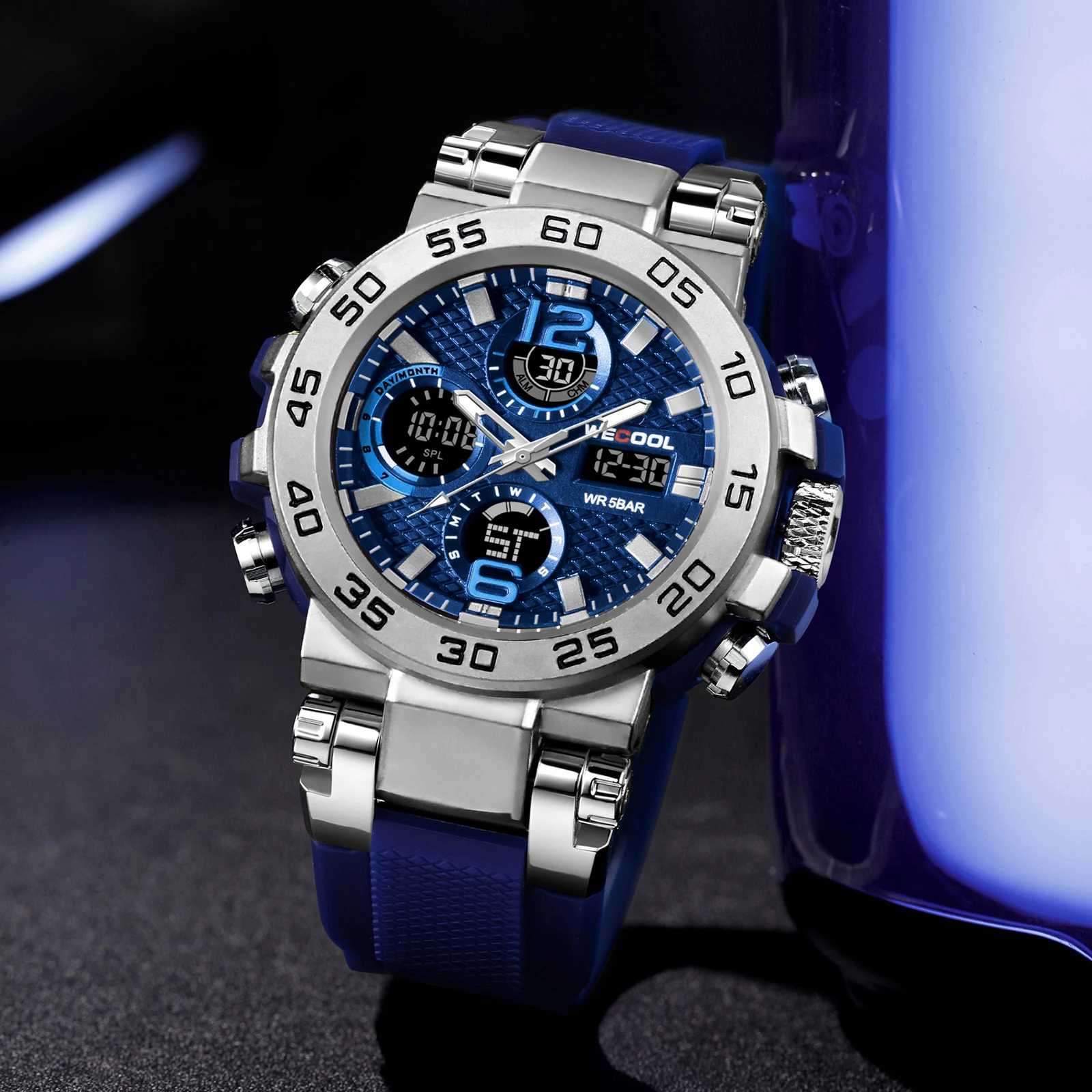 WECOOL العلامة التجارية المزدوجة العرض الرقمي W-822 50M للماء المنبه ساعة مضيئة للرجل