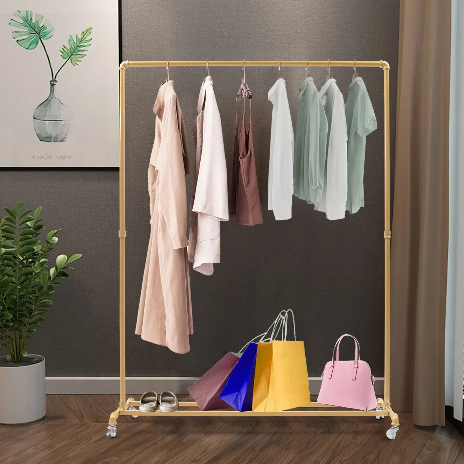 

Rolling Industrial Vintage Clothing Rack – Crossbar for Living Room Clothes Storage