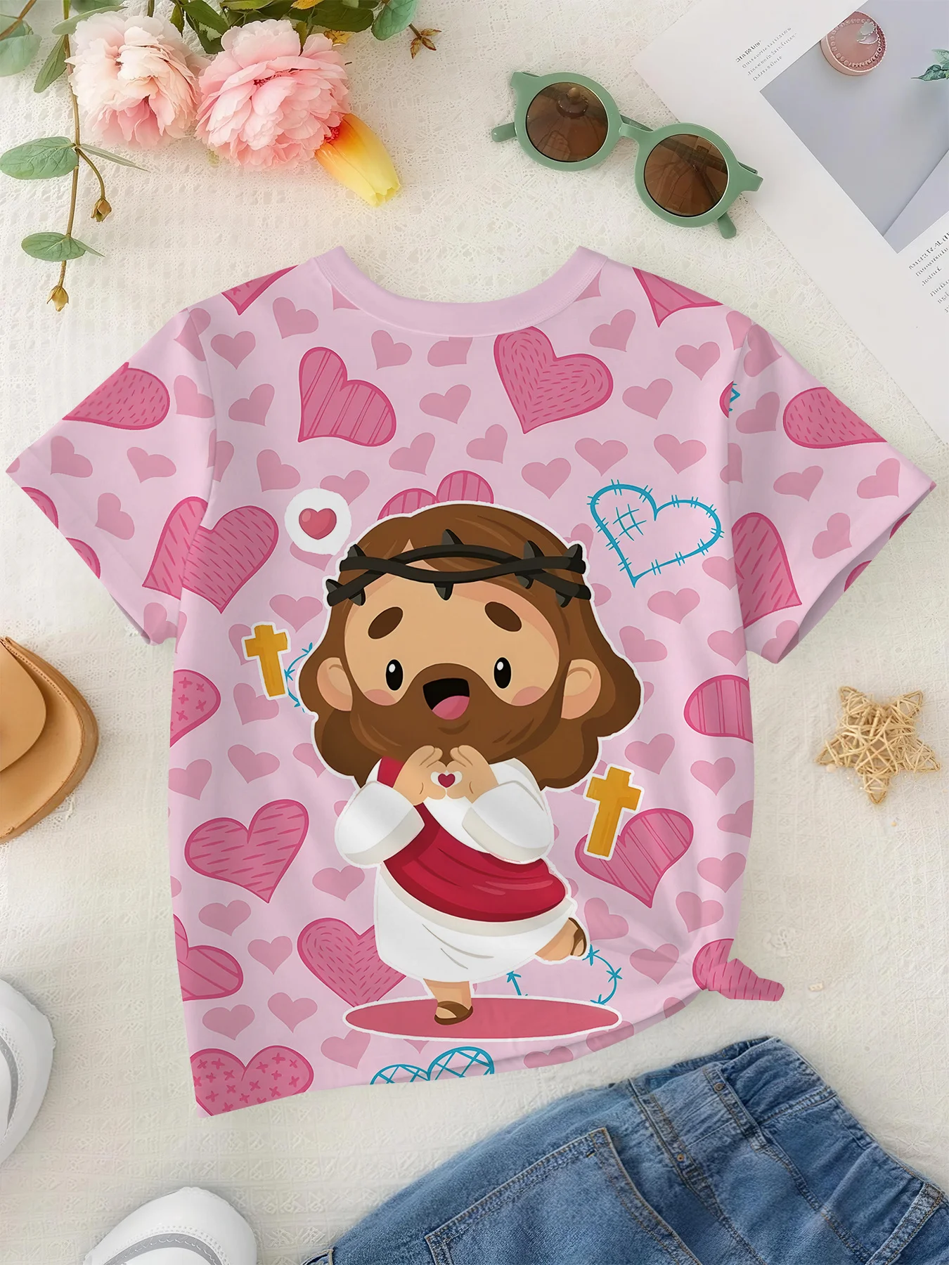 Kids Pink Heart Faith T-Shirt, Trendy Cute Cartoon Jesus Cross Graphic Boys Girls Short Sleeve Tee