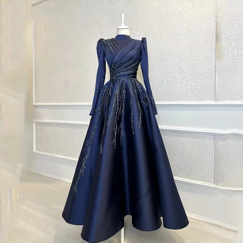 تخصيص الأزرق الداكن فساتين حفلة موسيقية أنيقة الساتان عالية الرقبة طويلة الأكمام فساتين السهرة مع التطريز مطرز Festasin ال #5