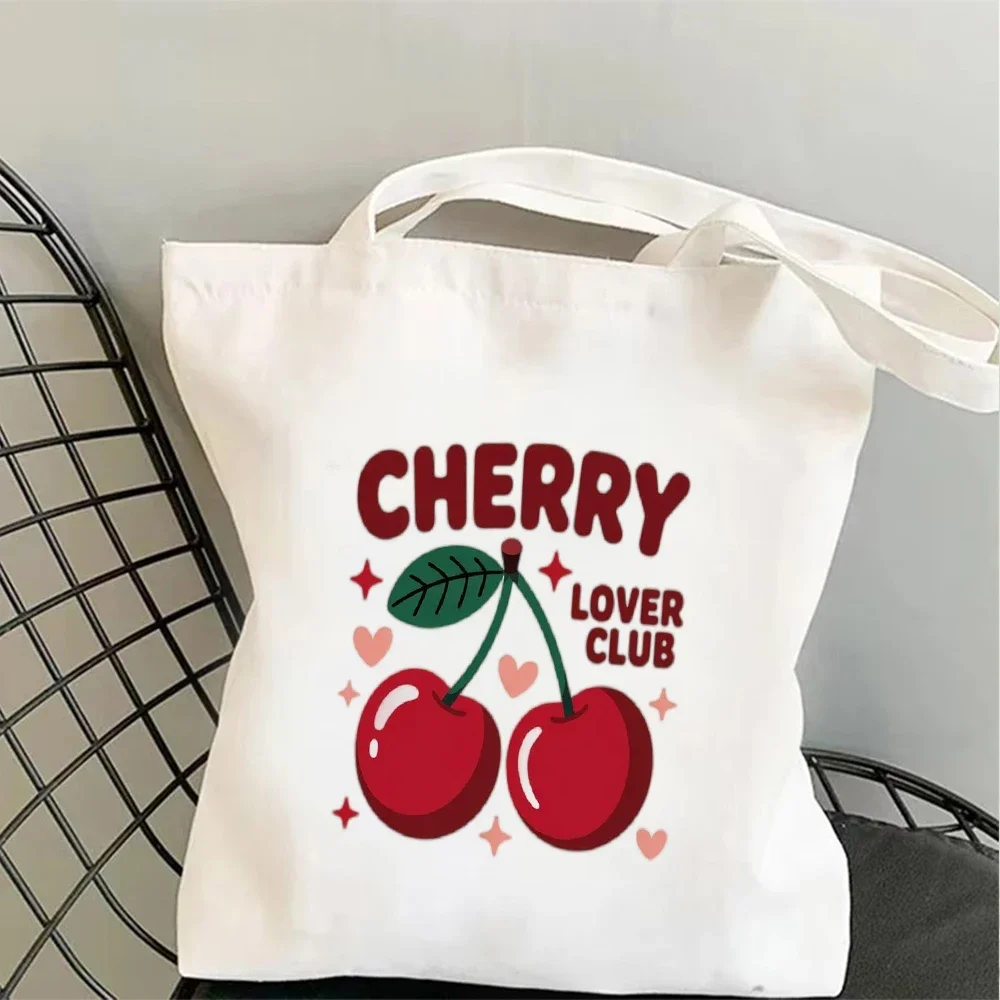 1pc Cherry Print Canvas Tote Bag Casual Shoulder Bag with CHERRY Lover Club Graphic Grocery Handbag for Students and Women