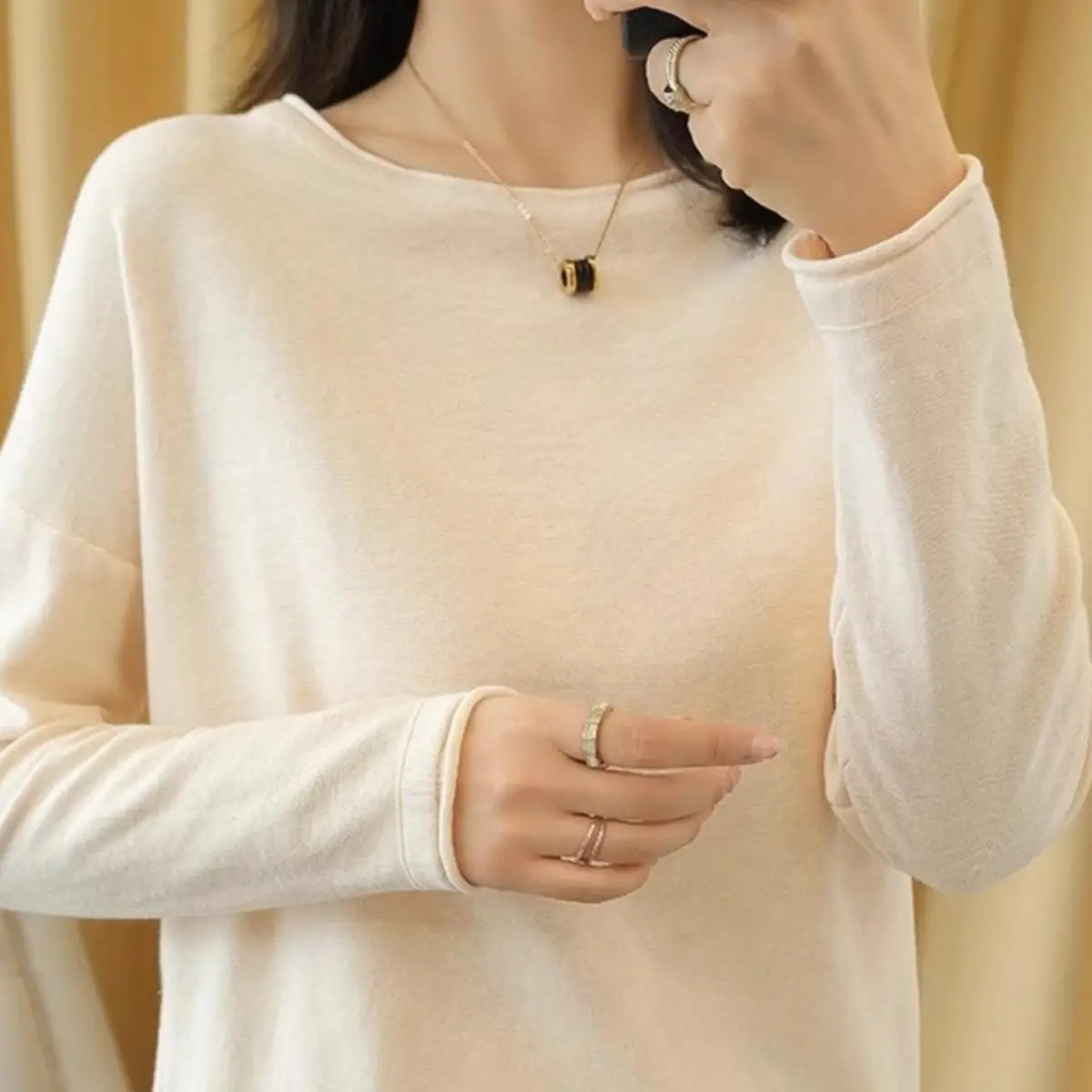 Autumn Pure Cotton Knitted Sweater Women's round Neck Cuffed Loose Large Size Base Sweater Full Cotton Shoulder Drop Top