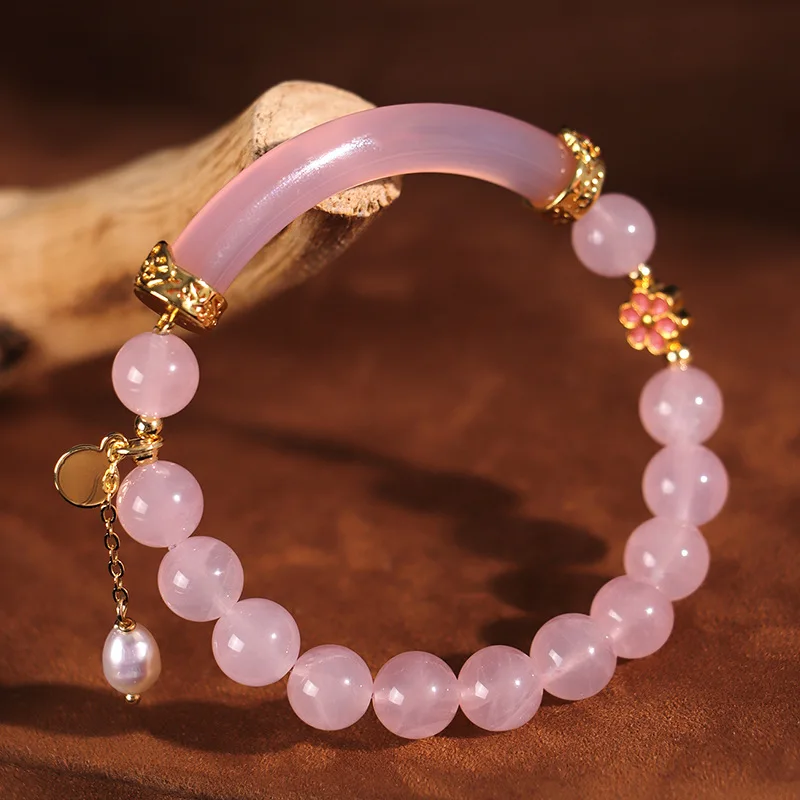 New Freshwater Pearl Horse Powder Crystal Beaded Half Bracelet Ins Gifts Women's Fresh Sweet Blue Chalcedony Hand String Jewelry