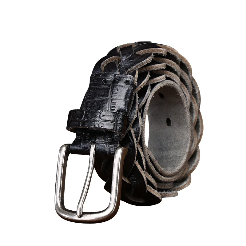 New crocodile embossed hand-woven belt men's genuine leather casual pure cowhide braided versatile fashion belt