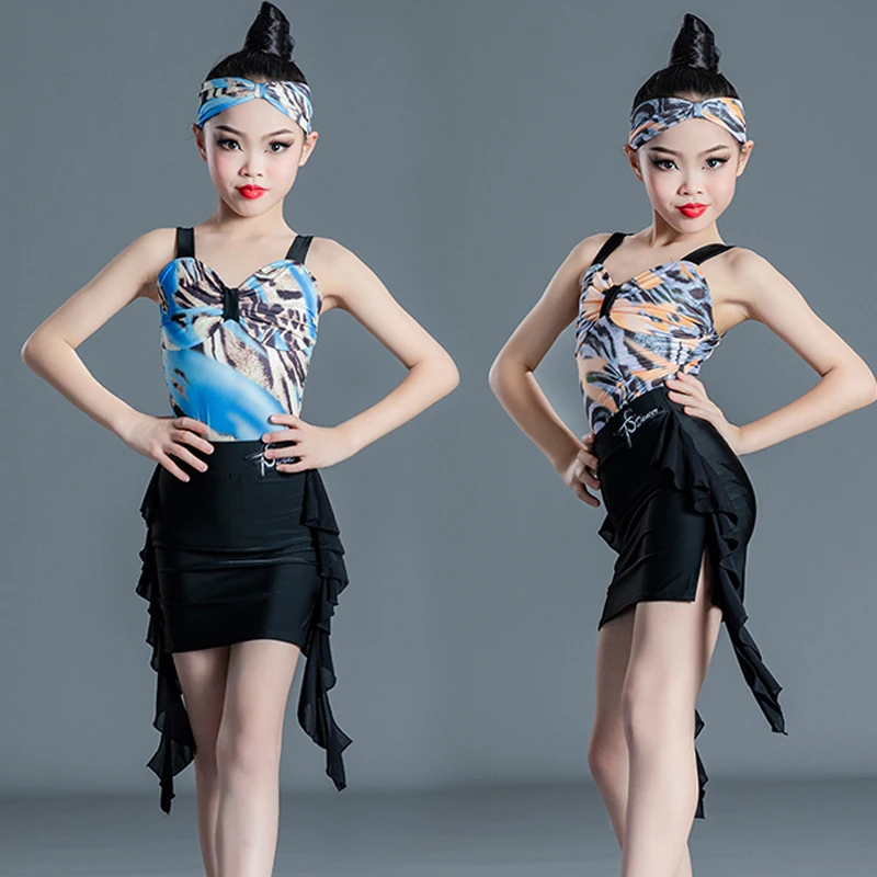 

Children'S Latin Performance Dance Costume Kids Leopard Slip Top Ruffle Skirts Girls Ballroom Tango Chacha Practice Wear SL6291