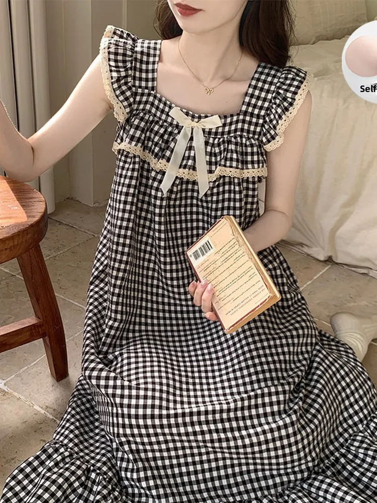 Summer Cloud Cotton Sleeveless Princess Style Sleep Dress Women's Checkered Print Gown with  Knot Sweet Home Wear