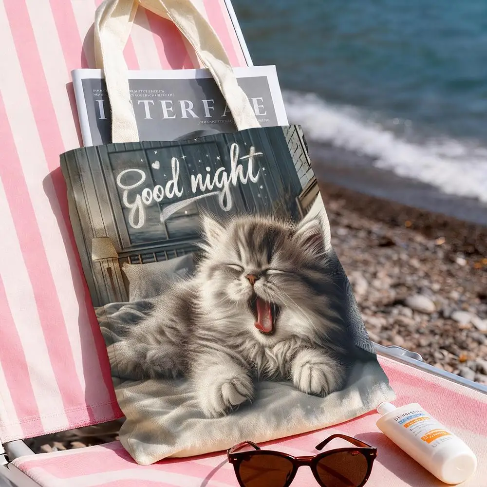 Sleeping Kitten Art Storage Bags Double-Sided Printed Canvas Tote Bag Large Capacity Women Shoulder Handbag