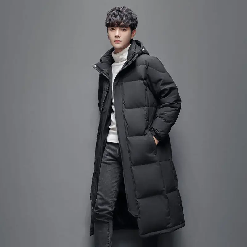 Winter Korean Men Long Down Coats 2023 New Fashion White Duck Plush Thicken Warm Overcoat Hooded Hat Detachable Male Jacket