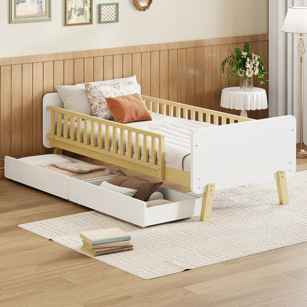 90x190 children's bed with 2 drawers, solidwood and slatted frame in White