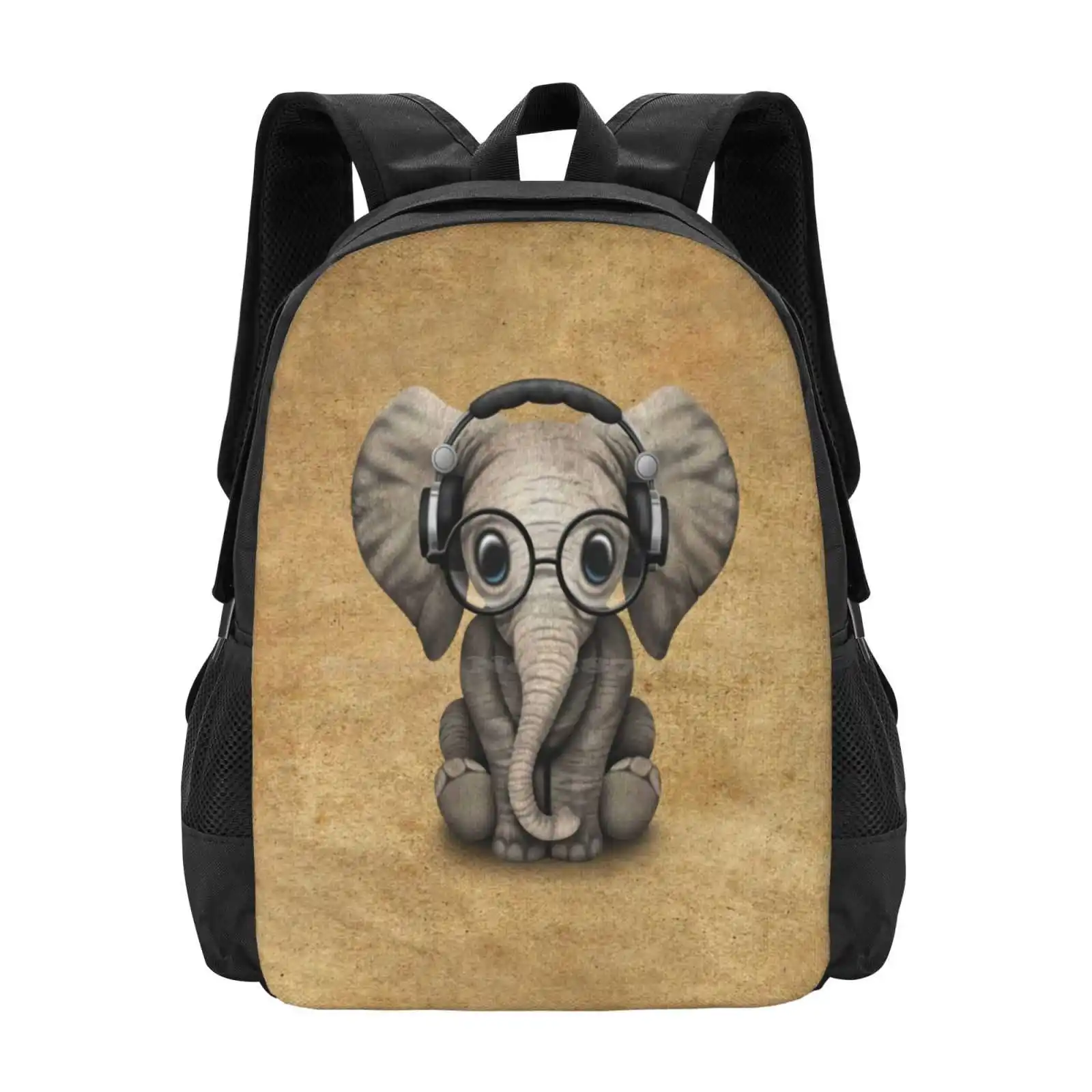 Cute Baby Elephant Dj Wearing Headphones And Glasses Fashion Pattern Design Travel Laptop School Backpack Bag Baby Elephant