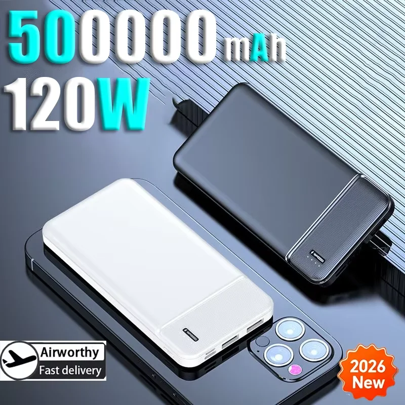 

2026NEW 120 Вт 500000 мАч PowerBank Портативное сверхбыстрое зарядное устройство 3C Внешняя батарея PowerBank большой емкости для iPhone Samsung 2026