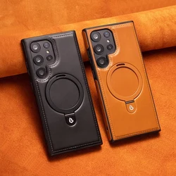 Business Retro Leather Holder Magnetic Case For Samsung Galaxy S26 S25 S24 Ultra S23 S22 Plus A15 Wireless Charging Bumper Cover