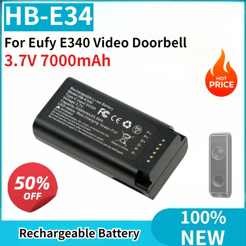 NewDoor Lock Battery HB-E340 3.7V 7000mAh Replaceable for Eufy E340 Video Doorbell Rechargeable Li-ion Battery Type-C Charge