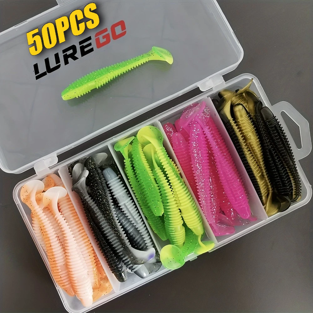 50-teiliges Set Weichköder, 5,5cm 6,5cm 7cm Weichplastik-Würmer in Verschiedenen Größen, Künstliche Köder für Barsch, Forelle, Süß- und Salzwasser