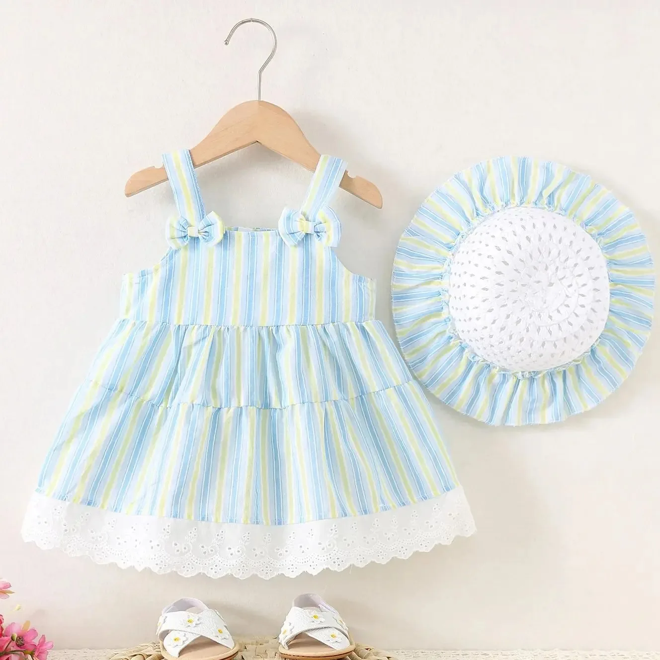 فستان أطفال صيفي بعمر 0-3 سنوات فستان بحمالات للفتيات الصغيرات فستان أنيق مخطط للحفلات فستان الأميرة + قبعة ملابس أطفال