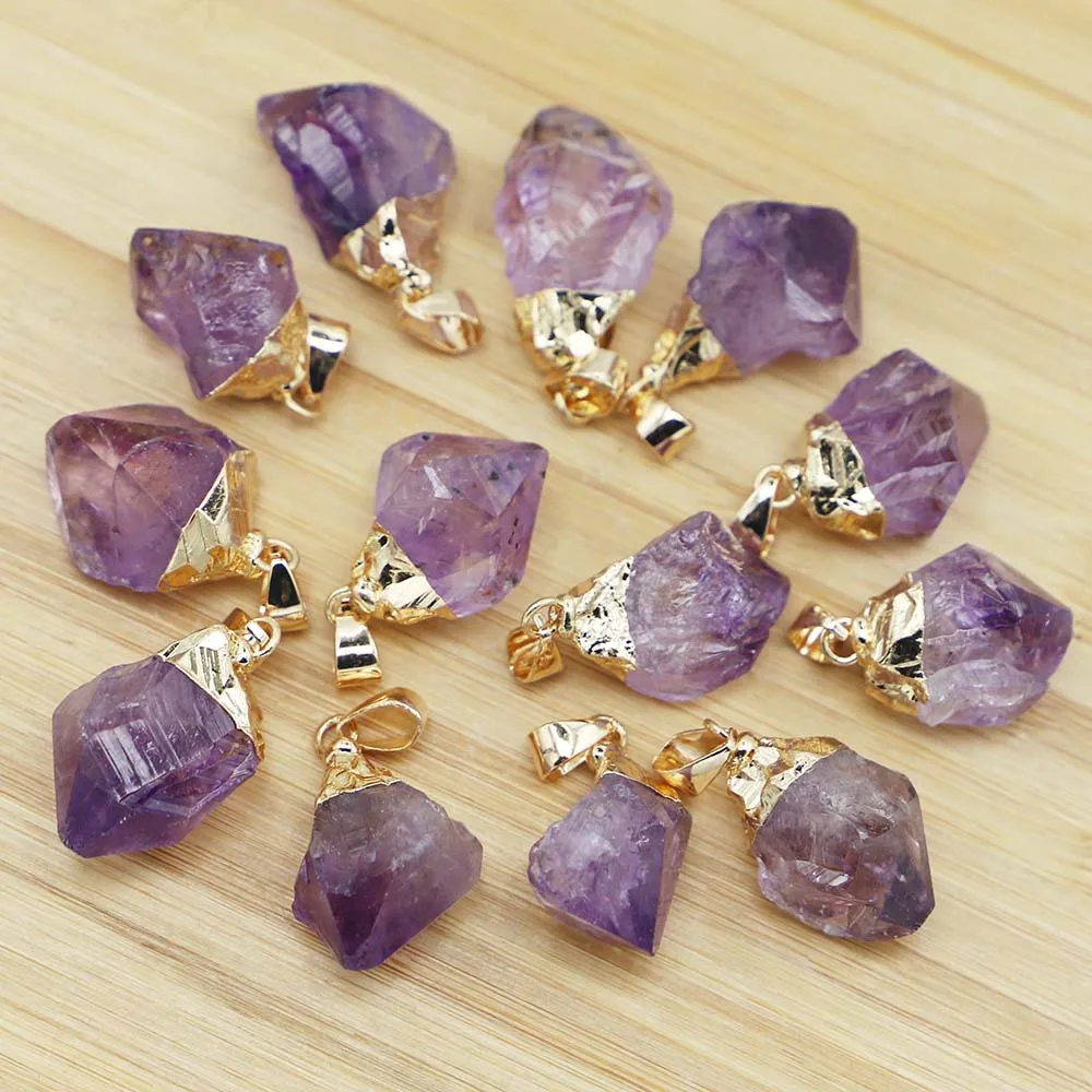 Natural Stone Amethyst Irregular Gold Pendant Fashion Reiki Charms Necklace DIY Jewelry Accessories Wholesale12Pcs Free Shipping