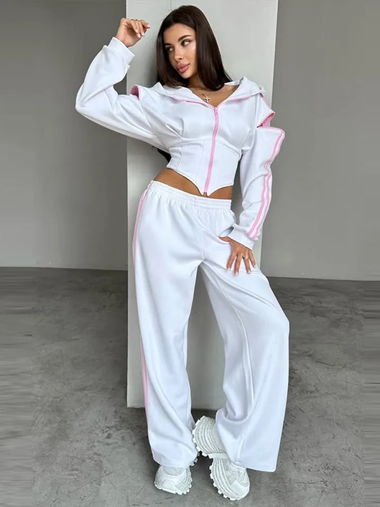 Chic Women's Striped Tracksuit Slim Hollow Out Waist Cinched Cropped Hooded Jacket Wide Leg Pant 2026 Autumn Lady Matching Sets