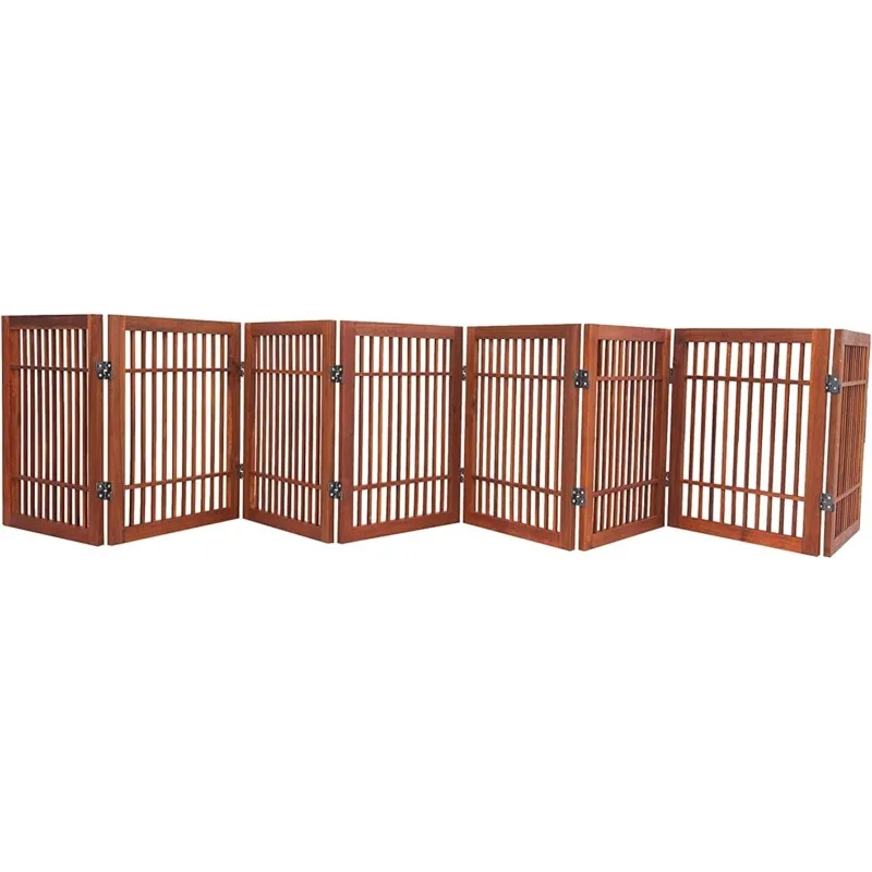 Pet Dog Gate Strong and Durable Freestanding Folding Acacia Hardwood Portable Wooden Fence Indoors