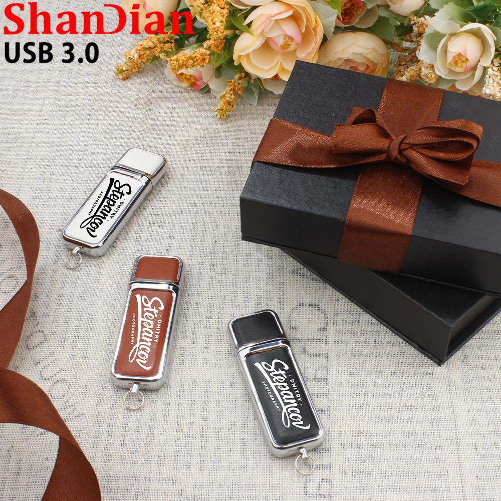 SHANDIAN Leather Usb Flash Drive 64GB Pen Drive 32GB U Disk 16GB Memory Stick Free Color Printing Customized LOGO Wedding Gifts