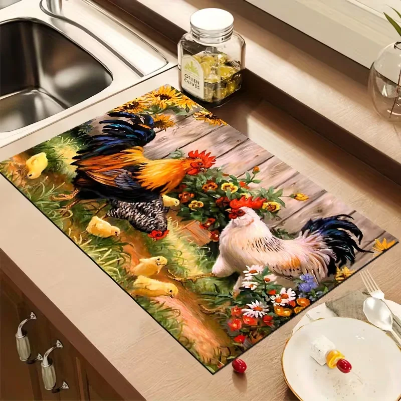 

Коврик для сушки столовых приборов с ретро-дизайном в виде петуха, современный впитывающий коврик для кухни и ванной комнаты, декоративный коврик для дома
