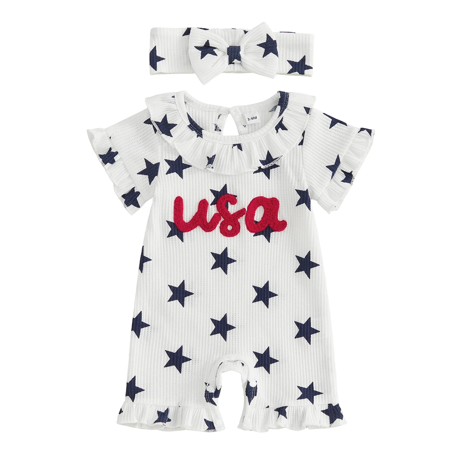 4th of July Baby Girls Rompers Letter Embroidery Star Print Ruffles Short Sleeve Infant Bodysuits Jumpsuits with Headband
